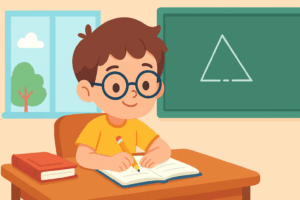Disegno colorato ed empatico di un bambino con occhiali in classe, simbolo della miopia nei bambini in età scolare.